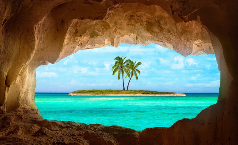 Beautiful, tree, tropical climate, rock, horizon over water, palm, coconut palm tree, beach, Summer, sea, Island, nature, tranquility, trees, cave, day