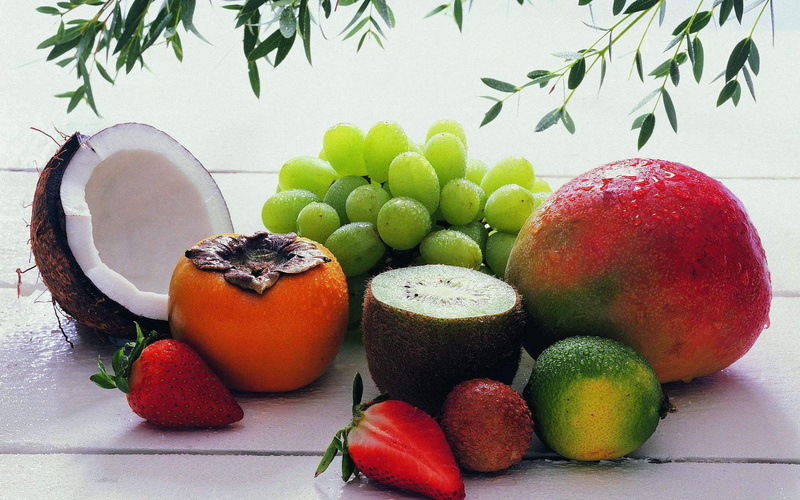 1080P, coconuts, food, strawberries, grapes, fruit