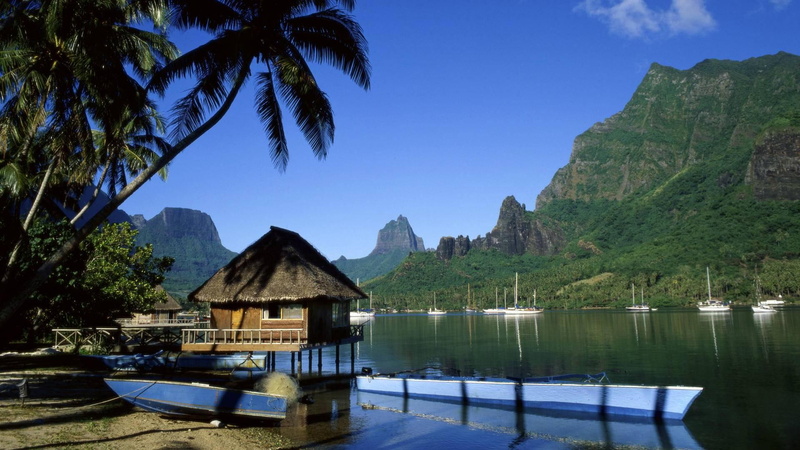 tahiti, mountains, bay, beach, 1080P, boats, bungalows, nature and landscapes, cooks, moorea
