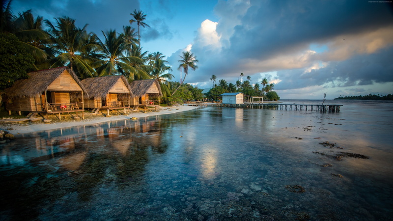 clouds, palms, Worlds best diving sites, Reef, water, 4k, French Polynesia, 4K, Bungalows