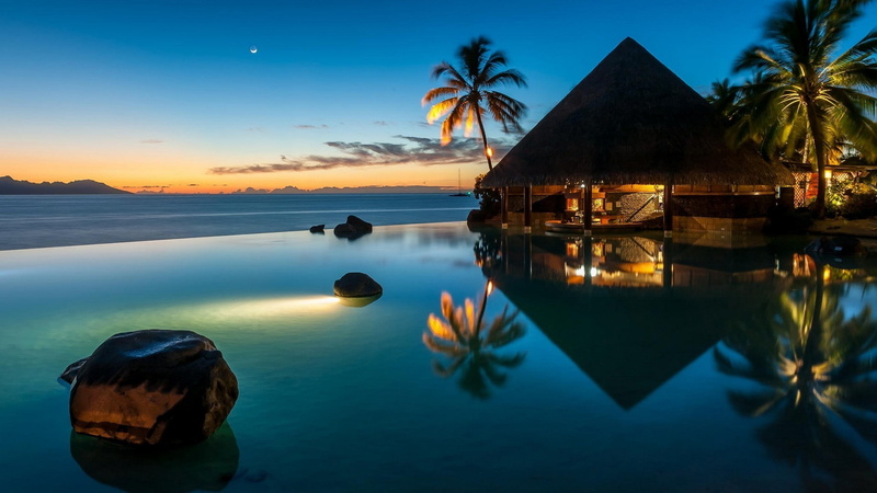 blue, horizon over water, tranquility, sea, sunset, landscape, outdoors, swimming Pool, Palm Trees, tree, sky, Lights, French Polynesia, no people, water