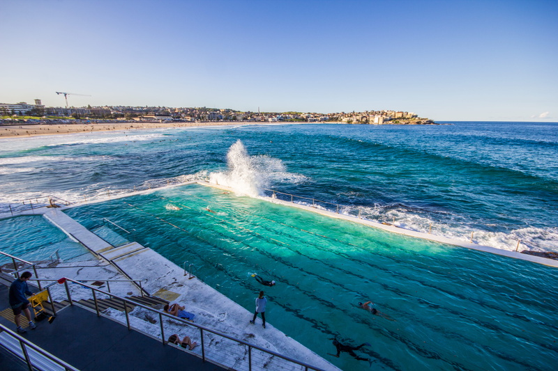 sydney, wave, outdoor pool, land, aquatic sport, swimming, scenics - nature, sea, nature, architecture, bondi, swimming pool, australia, water, clear sky