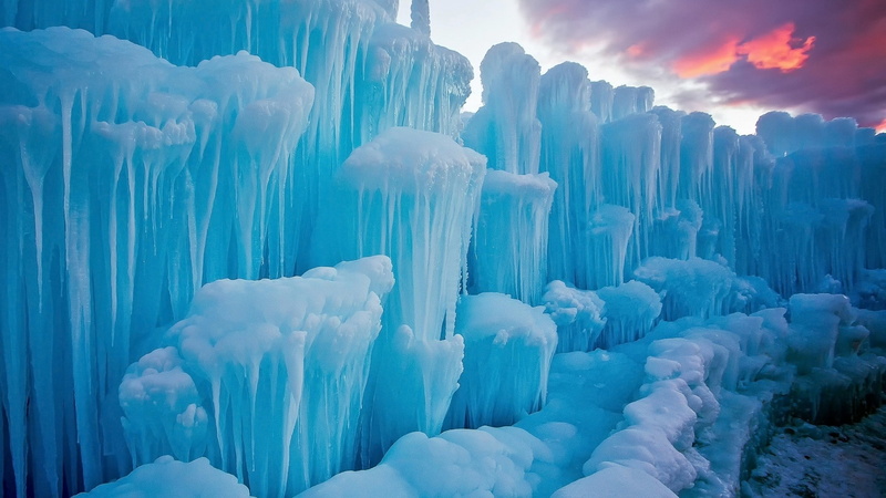 1080P, nature, blue, icicle, landscape, winter, ice, iceberg, frost, snow, clouds, sunset