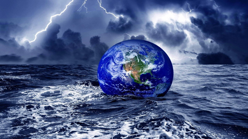 earth, water, floating earth, 1080P, lightning, fantasy, waves, storm