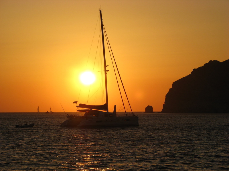 sunset, mast, greece, yacht, sky, santorini, water, catamaran, boat, transportation, tranquility, mode of transportation, beauty in nature, sailboat, sea