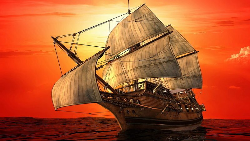 ultra, ship, red, art, k, hd, sails, sea, sunset, sky, 4K
