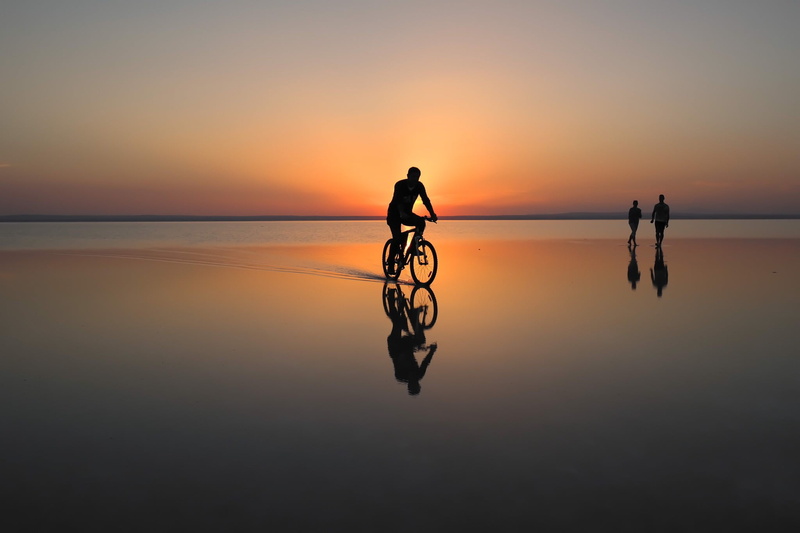 sunset, scenics - nature, white, sky, idyllic, water, sea, silhouette, reflection, bicycle, horizon over water, nature, waterfront, horizon, leisure activity