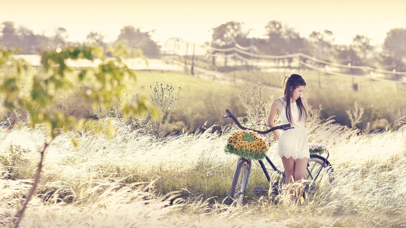 women outdoors, model, 2K, women with bicycles, bicycle, nature