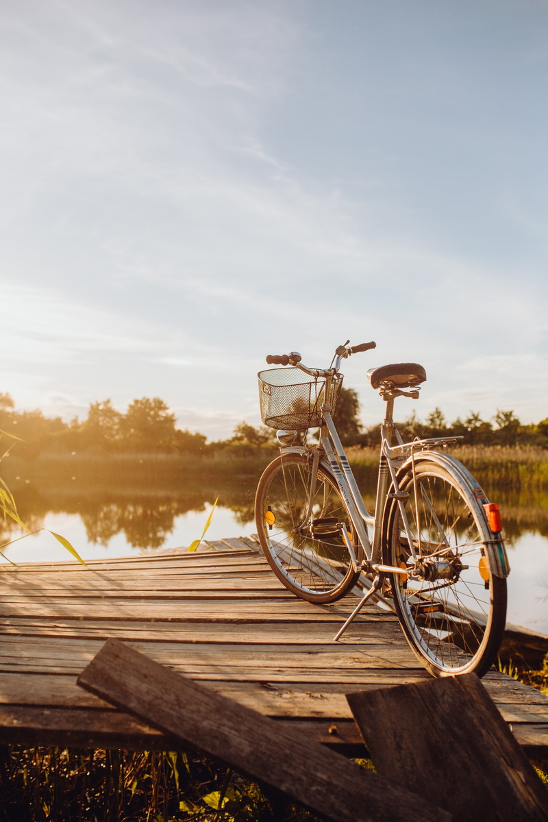 wood - material, transportation, sunset, wheel, tranquility, sunlight, pier, lake, bicycle, 5K, mode of transportation, water, plant, outdoors, basket