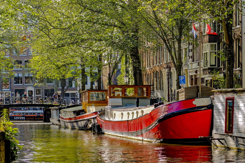 amsterdam, day, moored, outdoors, water, red, boat, built structure, barge, body, transportation, reflection, holland, mode of transportation, nature, nautical vessel