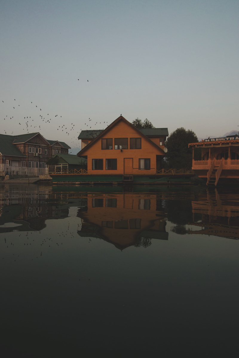 residential district, waterfront, building, clear sky, houseboat, lakehouse, built structure, sky, nigeen lake, building exterior, apartment, house, srinagar