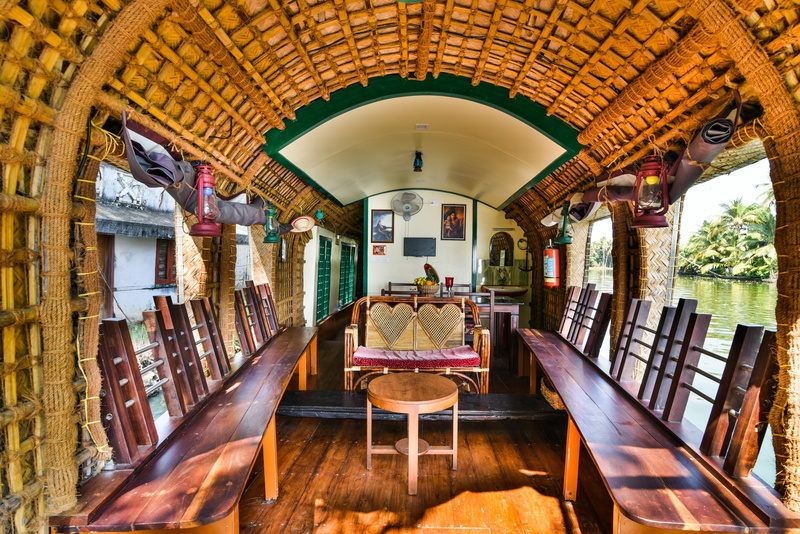 ceiling, south, water, table, built structure, illuminated, coconut, houseboat, no people, 5K, seat, empty, india, house, architecture, travel, boat, indoors