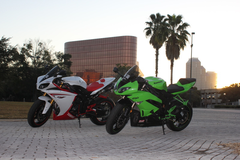kwasaki, ninja, palm trees, Yamaha, zx-6r, kawasaki, 5K, the city, yzf-r1, white, green