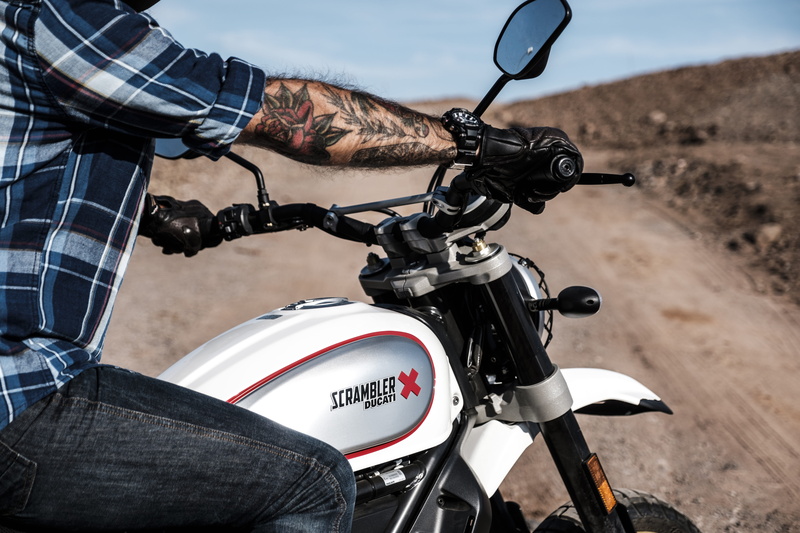 motorcycle, extreme sports, scrambler, real people, bicycle, white, handlebar, land vehicle, 5K, ducati, bike, one person, riding, day, men, clothing