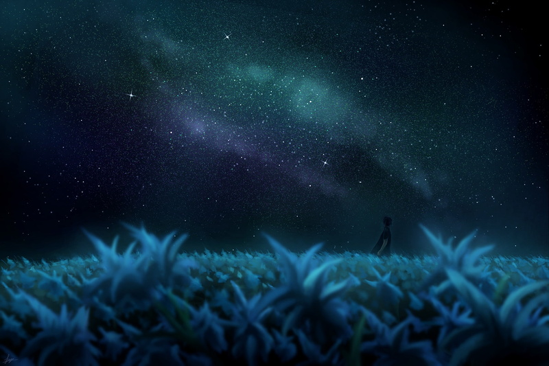 Anime, outdoors, nature, stars, astronomy, landscape, noctis lucis caelum, people, tranquility, infinity, dark, galaxy, anime style, night, beauty in nature