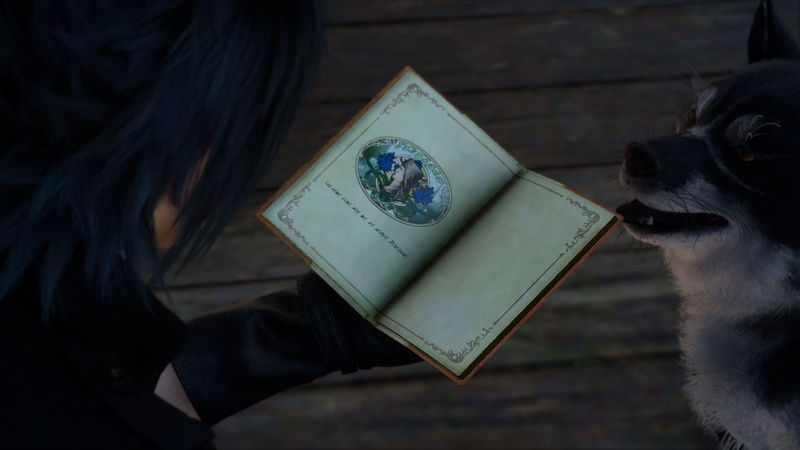 dog, book, Noctis, indoors, Umbra, canine, Final Fantasy, publication, vertebrate, Final Fantasy XV, one animal, close-up, high angle view, people, domestic animals