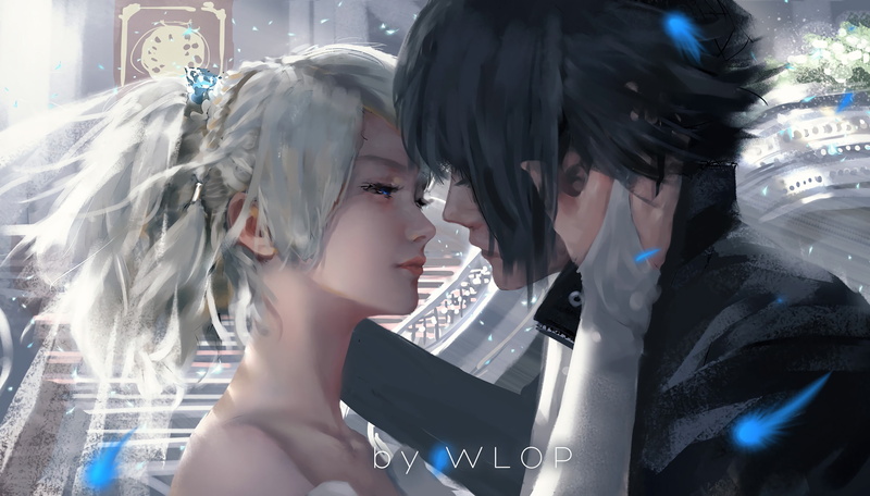 art, fantasy, boy, game, 2K, girl, Final Fantasy XV, artwork, mood, blue eyes, hug, painting, fantasy art, love, feeling, Luna, Noctis, Wlop, touching them