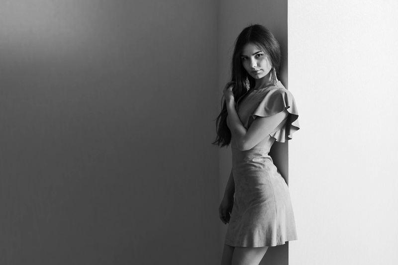 indoors, fashion, monochrome, model, Murat Kuzhakhmetov, hair, standing, smiling, beautiful woman, 2K, long hair, hairstyle, one person, looking at camera