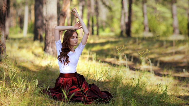 brown eyes, women, forest, redhead, 1080P, looking at viewer, sitting, white shirt, red skirt, Murat Kuzhakhmetov, arms up