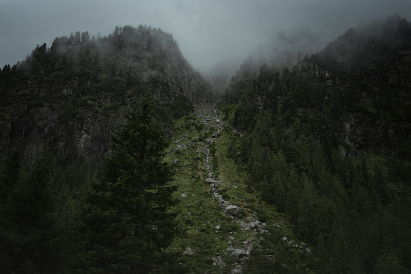 trail, hazy, trees, landscape, foggy, non-urban scene, environment, fog, nature, tranquility, mountains, tree, grass, sky, no people, beauty in nature