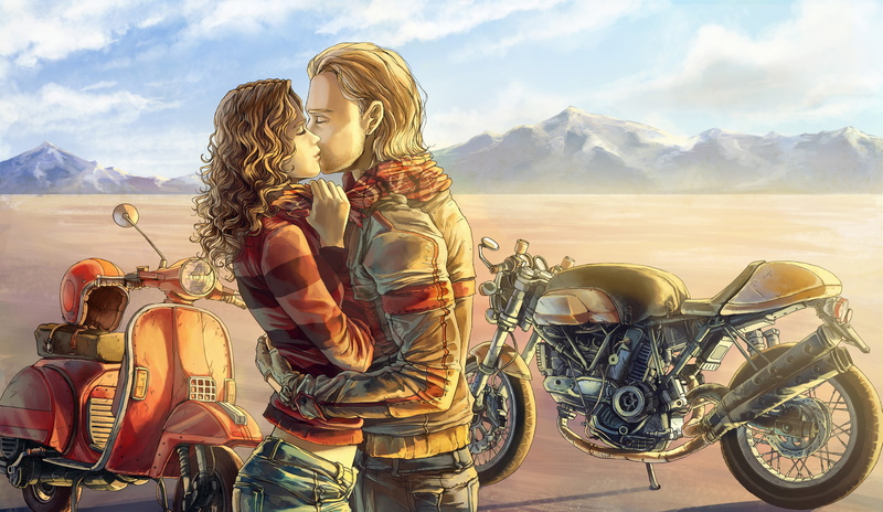 art, motorbike, sky, women, mountain, mood, mountain range, leisure activity, mode of transportation, motorcycle, Bike, positive emotion, 4K, beauty in nature