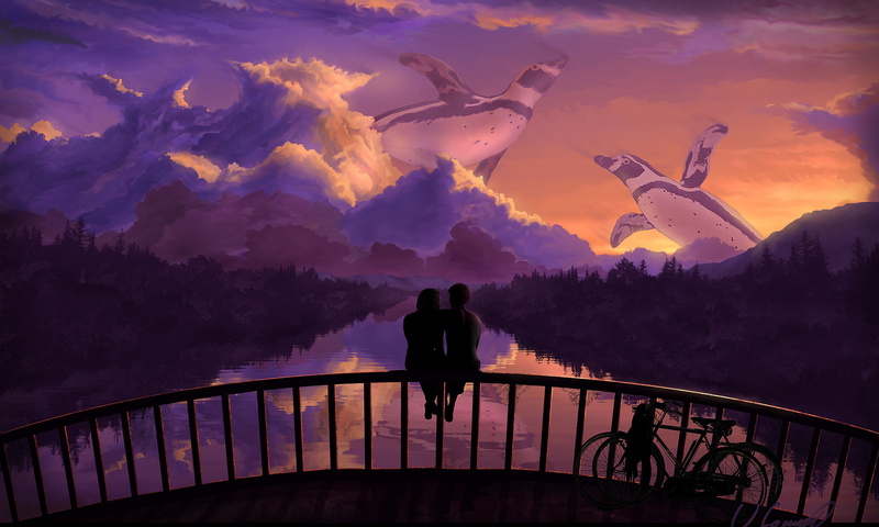 adult, men, adventure, 5K, backgrounds, beauty in nature, cloud - Sky, bridge, sitting, man, mountain, penguins, sky, real people, illustration, the sky