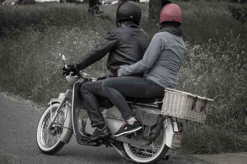 day, summer, two people, real people, young, leisure activity, full length, crash helmet, woman, motorcycle, people, bike, motor, helmet, vehicle, two