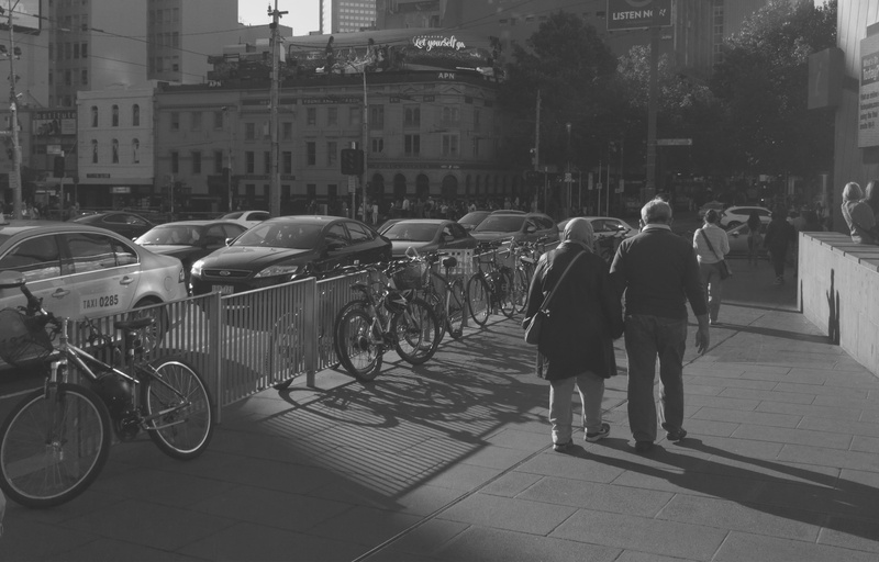 bicycle, lifestyles, group of people, bike, sidewalk, architecture, car, melbourne, men, mode of transportation, old person, land vehicle, mobile photography