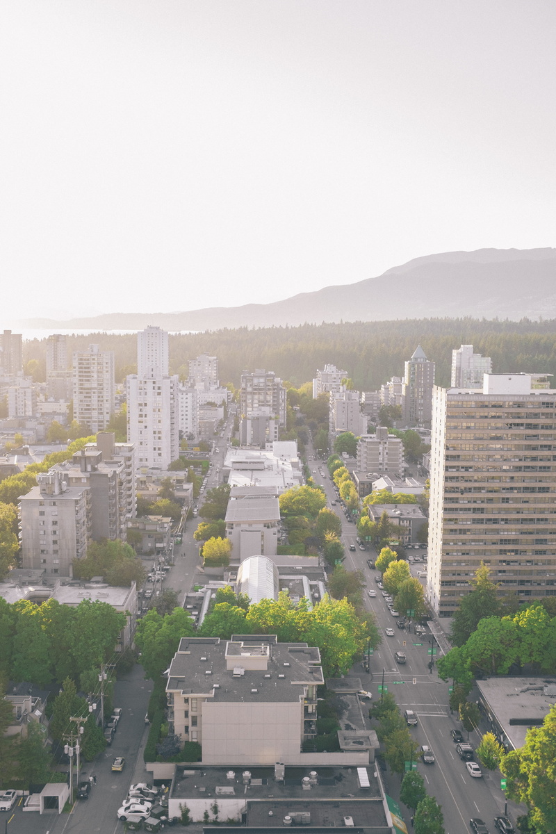 downtown, bc, canada, high angle view, sky, trees, building, british columbia, city, car, neighbourhood, residential district, day, built structure, outdoors
