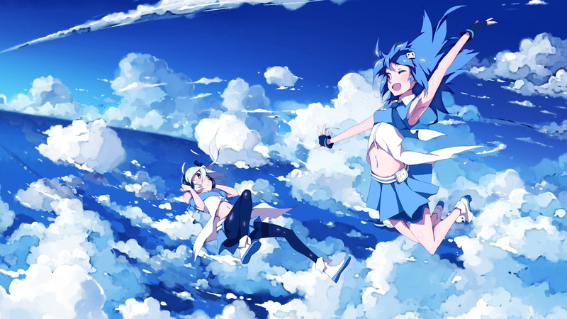 bilibili, falling, skydiving, headphones, anime girls, clouds, 1080P ...