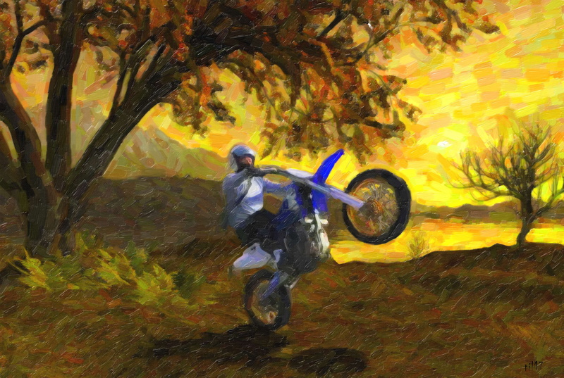 4K, painting, wheelie, forest, leisure activity, bike, plant, change, motorcycle, water, men, standing, art by til, beauty in nature, art, tree, day, full length