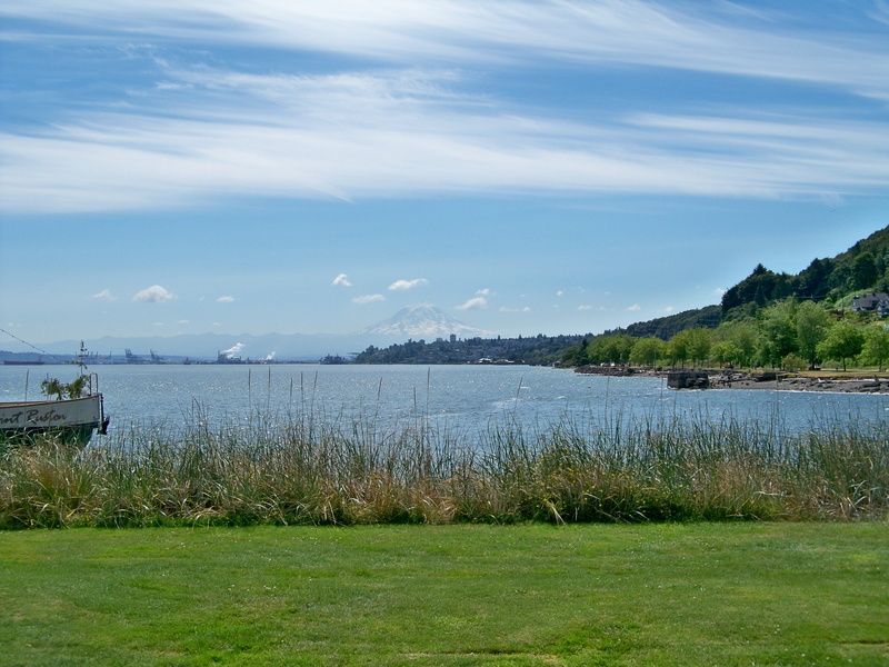 tranquil scene, outdoors, tacoma, commencement bay, grass, mountain, puget, washington, green color, tranquility, land, water, no people, idyllic, nautical vessel