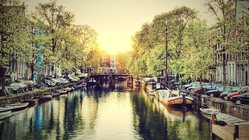 trees, river, boat, summer, water, 1080P, car, canal, bridge, city, Amsterdam