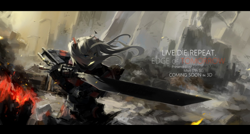 occupation, freshness, gray hair, Vocaloid, nature, Edge of Tomorrow, text, 2K, crossover, pc, indoors, communication, day, long hair, hair ornament, sword