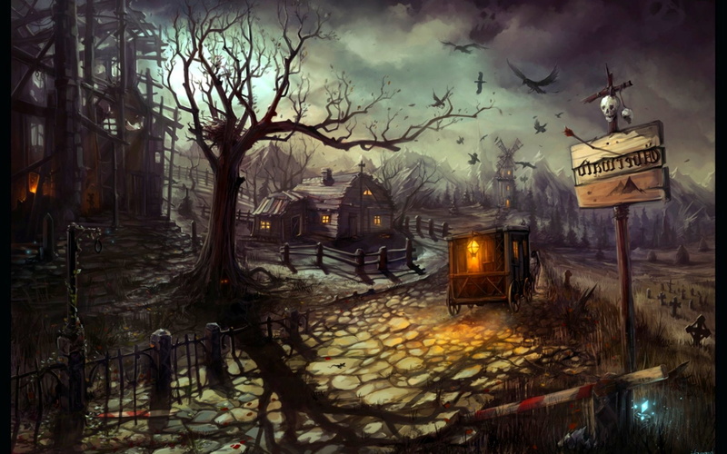 outdoors, spooky, sky, building, bare tree, halloween, 1080P, no people, nature, street, artwork, architecture, built structure, cloud - sky, plant, building exterior