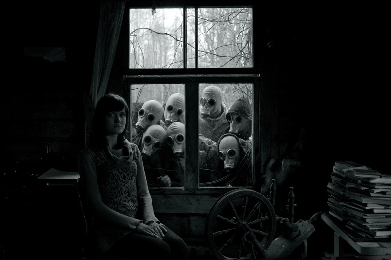 chair, hoods, long hair, brunette, black, spooky, books, looking at viewer, sitting, women, horror, creepy, window, gas masks, wheels, model, monochrome
