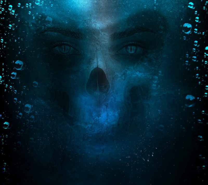 1080P, human, evil, horror, indoors, head, danger, digital composite, front view, dead, face, body part, black background, skeleton, headshot