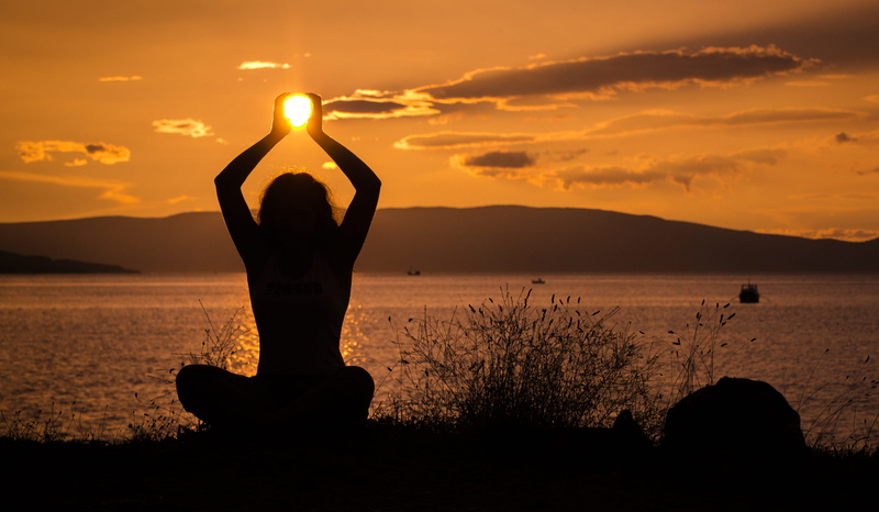 sitting, sky, yoga, exercising, freedom, green, vacation, water, sun, meditating, human body part, tranquility, religion, summer, girl, adult, joy, light