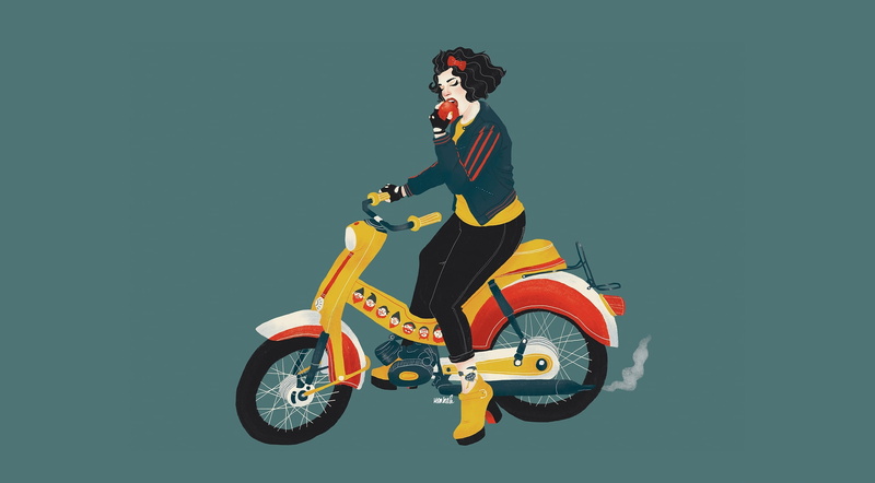 SnowWhite, Vector Art, white, Illustration, Fairytales, Cool, Modern, 2K, Design, Drawing, snow, Girl, nowadays, Badass, Apple, Motorcycle, Lady, funny