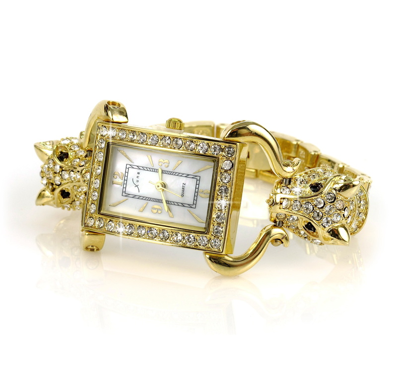 cut out, gemstone, gold colored, clock, watch, personal accessory, analog, no people, ladies watch, packshot, chain, indoors, clear, 2K, still life, wrist watch