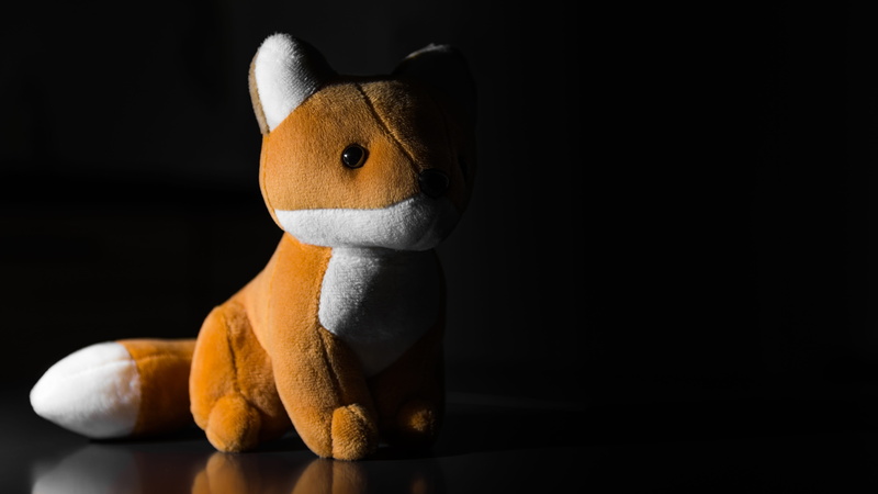 plush, still life, fox, human representation, indoors, black background, studio shot, mammal, figurine, plush toy, copy space, packshot, no people, 5K