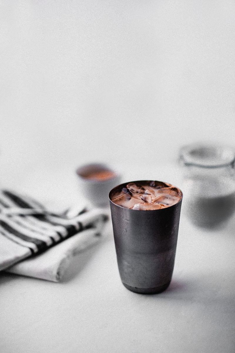 ice, dark, cafe, tone, container, glass, cinnamon, chocolate, black Color, white, heat - Temperature, minimal, steel, mood, grey, brown, towel, table, still life