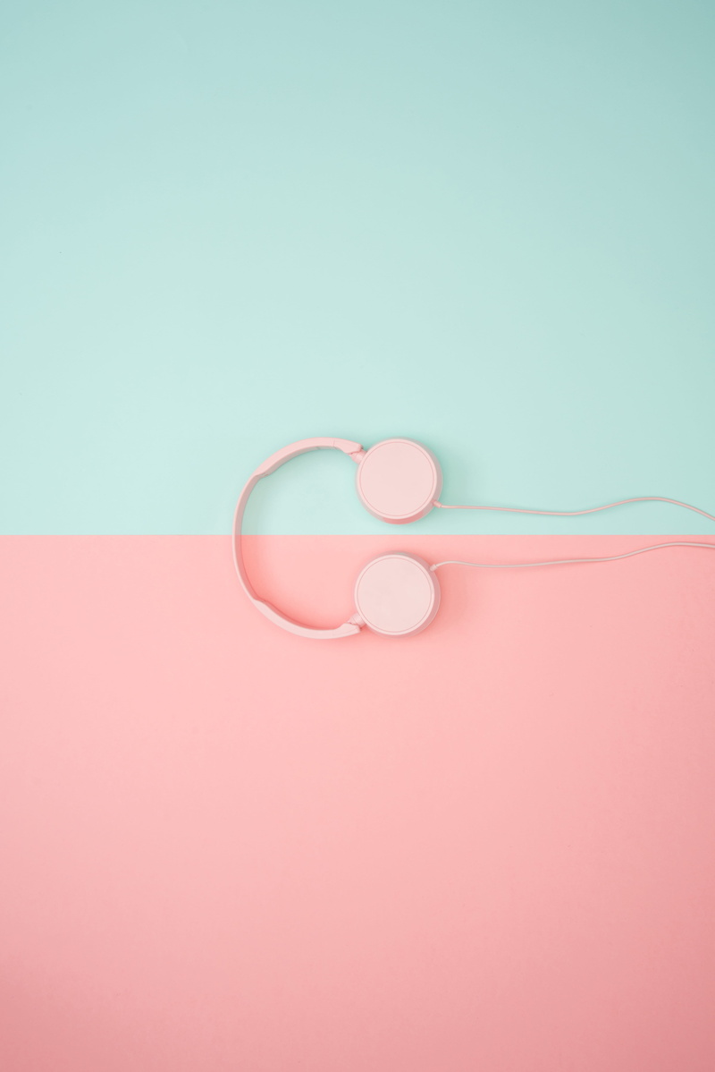 directly above, copy space, valentines day - holiday, red, pink background, still life, blue background, emotion, object, corded, headphone, pink, love