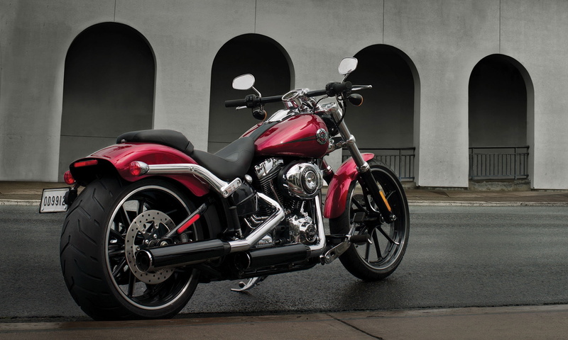 harley davidson softail breakout, 1080P, no people, stationary, red, land vehicle, scooter, Vehicle, street, architecture, personal land vehicle, city