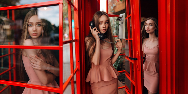 dress, looking at viewer, phone box, women, 4K, portrait, collage, long hair, arms crossed, model