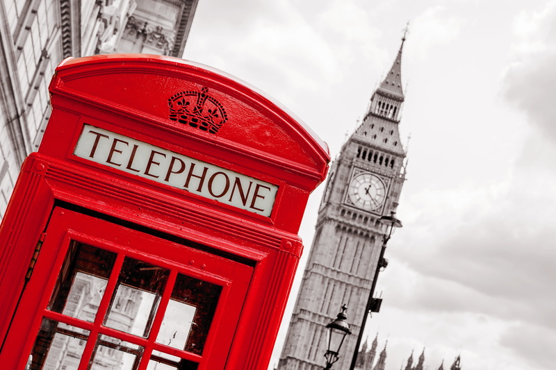telephone, UK, red, red telephone box, selective coloring, monochrome, England, Britain, phone box, Big Ben, London, Westminster, 4K