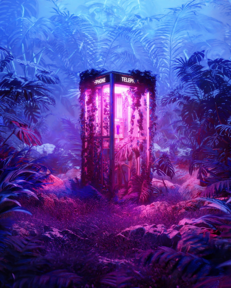 neon, decay, plants, artwork, digital art, 5K, phone box