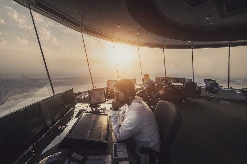 Airport, 480P, Air traffic control, Workers, photography, sunset, computer, room, glass, Flight control