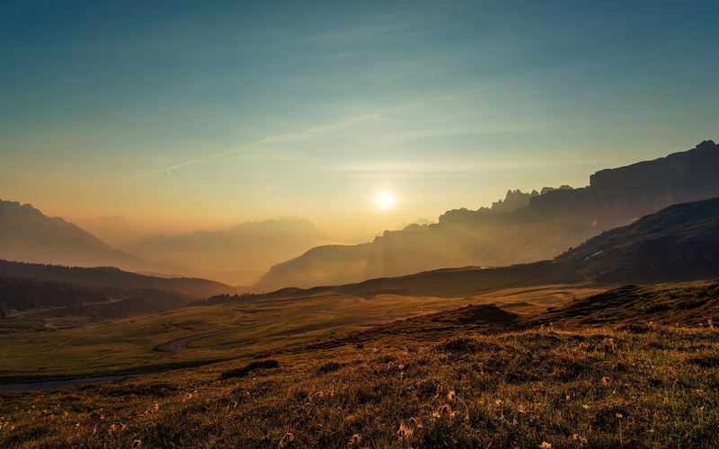 non-urban scene, landscape, clear sky, scenics - nature, tranquility, mountain, environment, road, nature, Sun, sunlight, 1080P, mountains, remote, grass