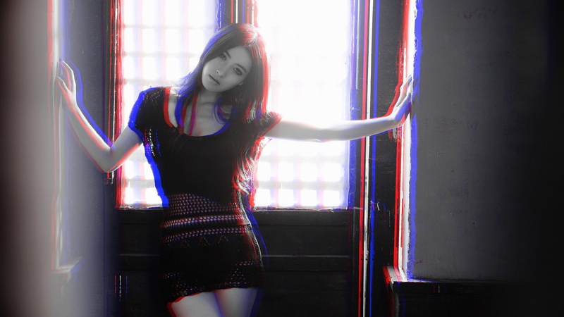 3D, indoors, three quarter length, neon, beautiful woman, anaglyph 3D, front view, adult, 1080P, women, young women, minidress, one person, beauty, casual clothing